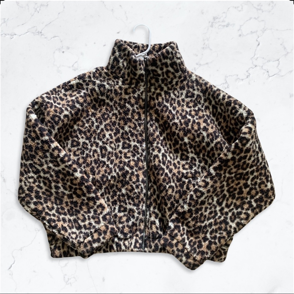 American Eagle Leopard Print Sherpa Zip-Up